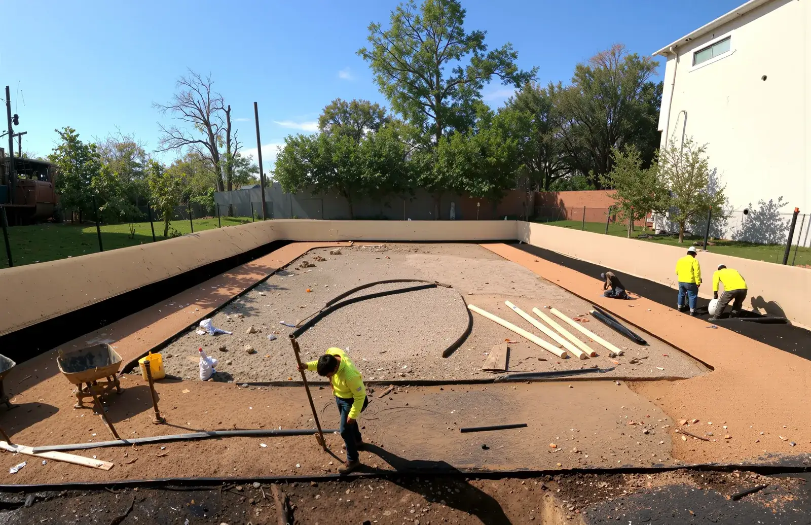 New Green Landscaping crew forming a backyard concrete patio during a Houston construction project