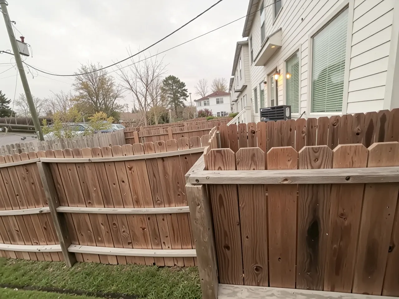 Damaged wooden privacy fence with leaning boards in a Houston backyard