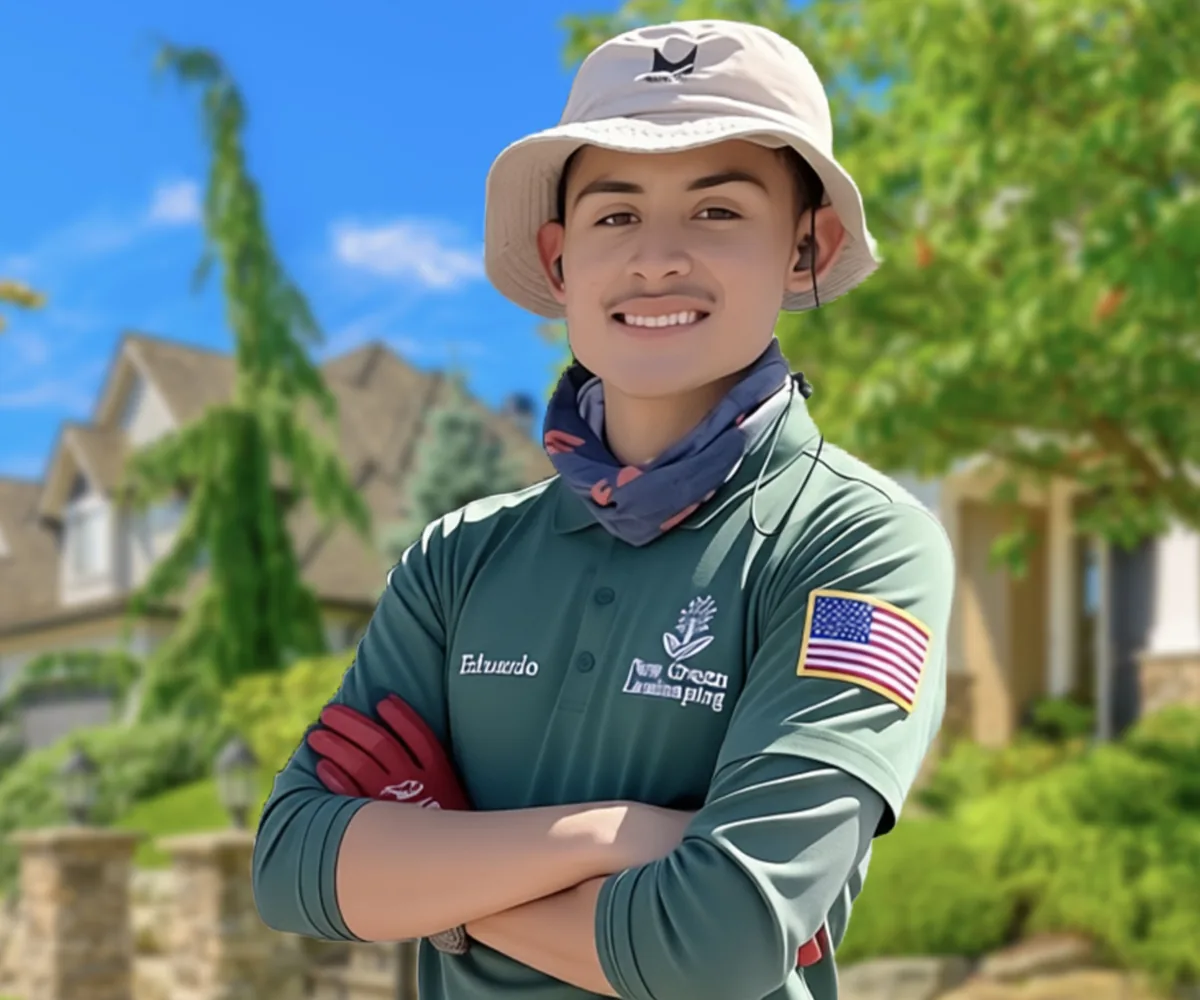 Eduardo, owner of New Green Landscaping, smiling with arms crossed in front of a Houston home