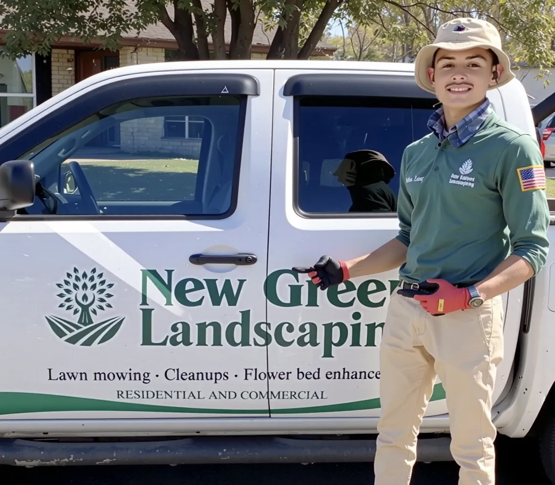 Eduardo, owner of New Green Landscaping, standing beside the company work truck in Houston, TX