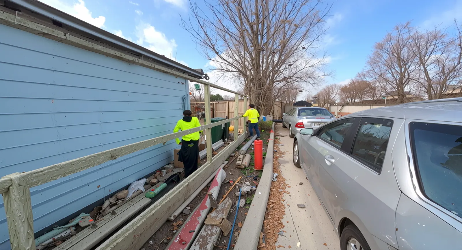 New Green Landscaping crew installing a wood fence along a blue house in Houston