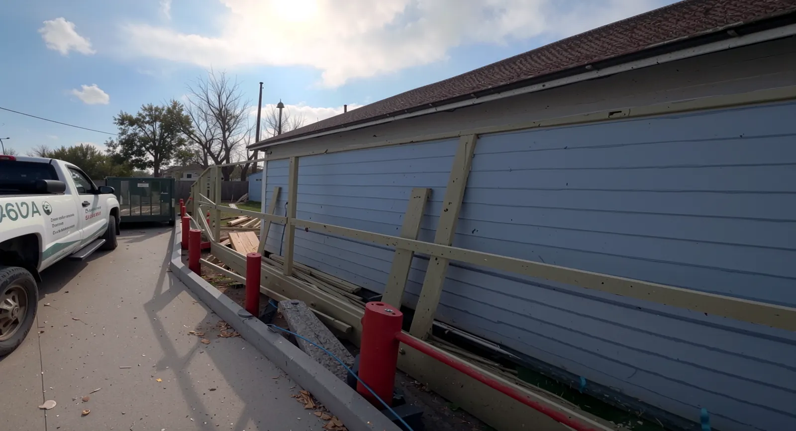 Fence installation crew and work truck on a Houston job site