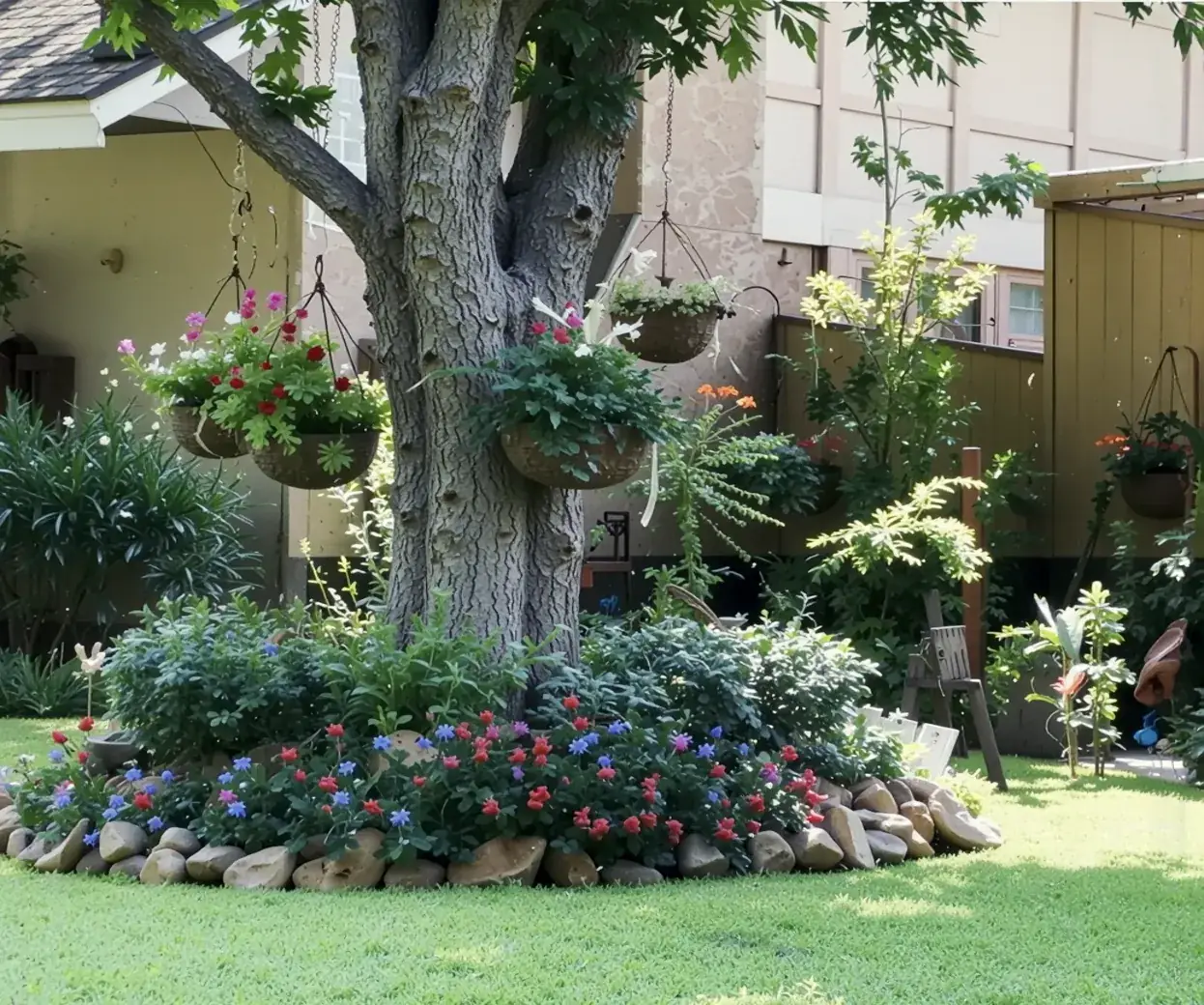 Flowerbed ringed with stone around a shade tree with hanging baskets in a Houston yard