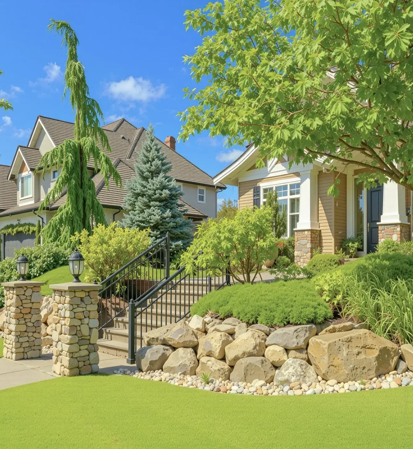 Front yard landscaping with a stacked stone retaining wall, shrubs and fresh sod in Houston