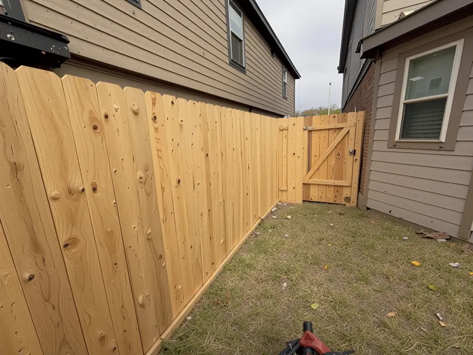New cedar fence with a walk-through gate beside a Houston home
