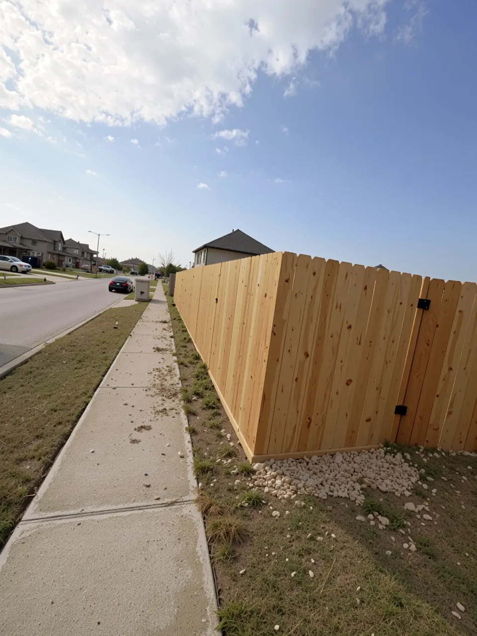 Tall new cedar privacy fence installed along a sidewalk in Houston