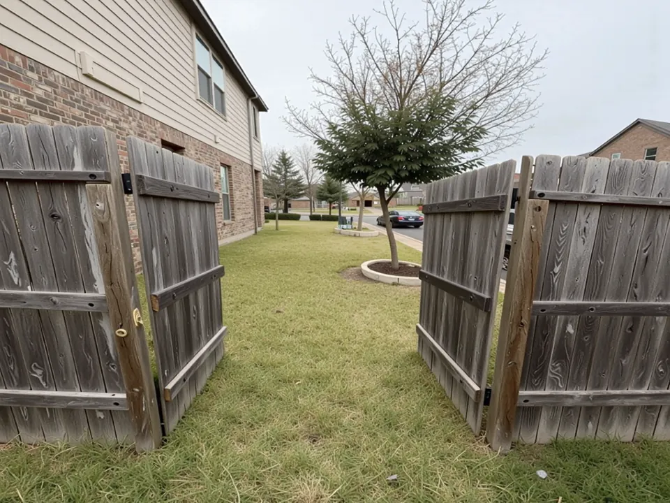 Old gray wood fence gates opening onto a backyard lawn in Houston, TX