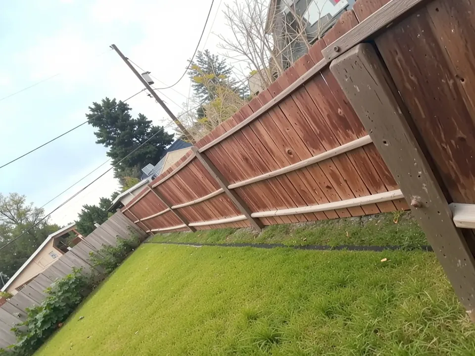 Stained wood fence running along a green backyard lawn in Houston, TX