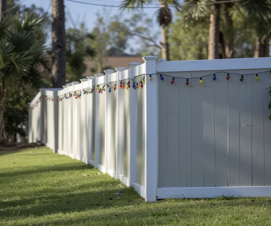 White vinyl privacy fence with string lights beside a green lawn in Houston, TX