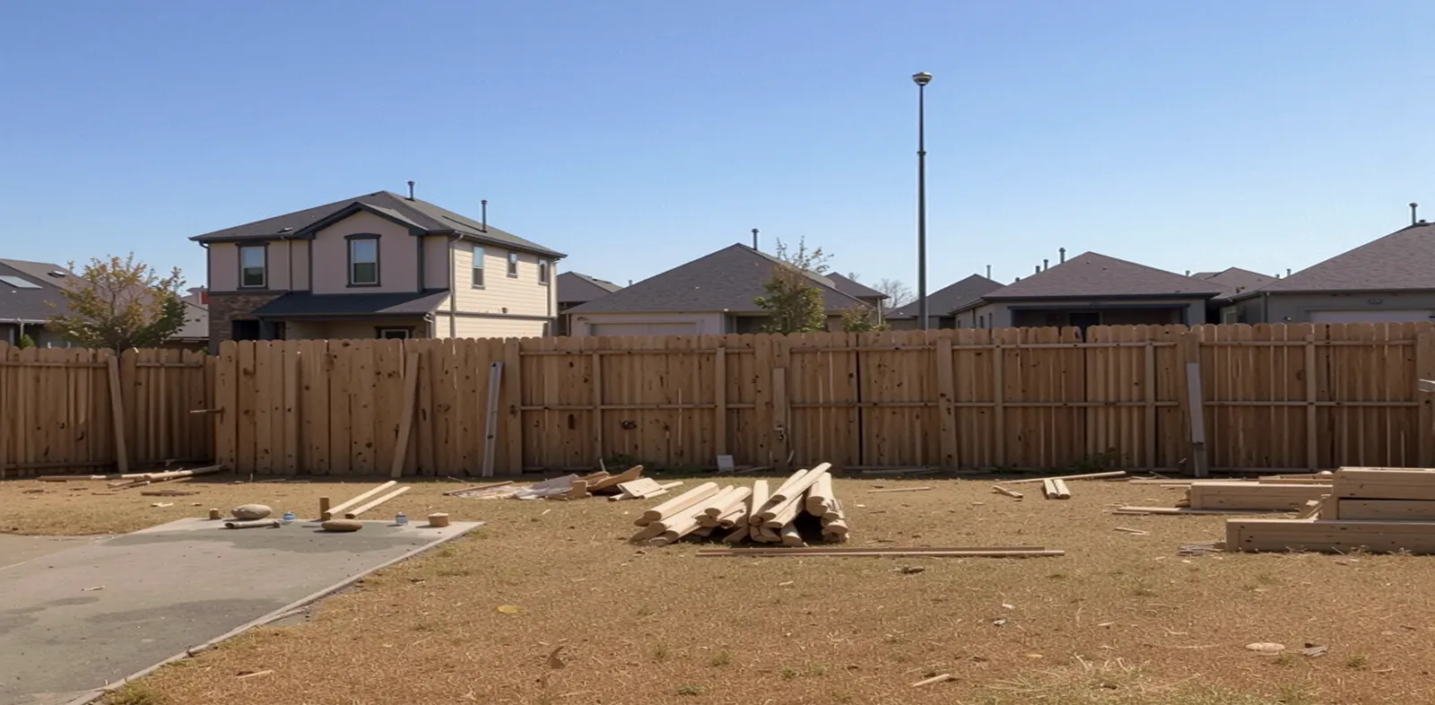 Wood fence construction with lumber staged in a Houston backyard