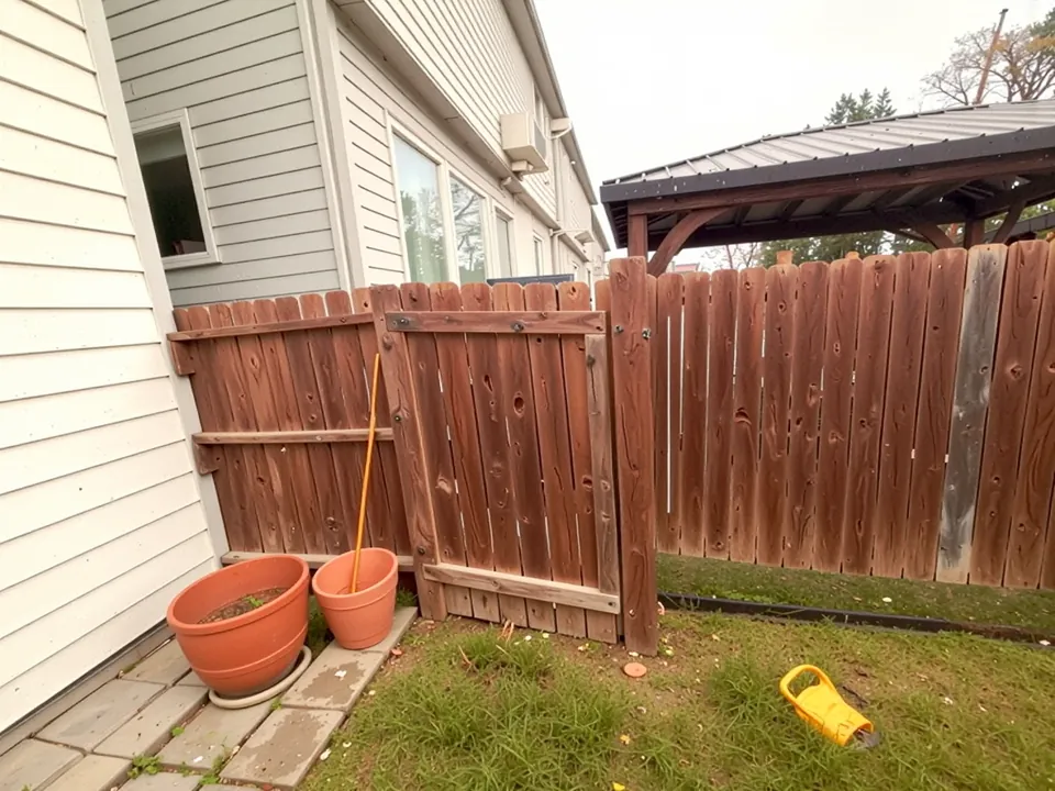 Wood privacy fence and gate beside a patio with planters in Houston, TX