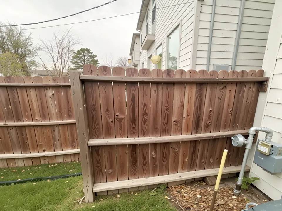 Weathered wooden backyard fence ready for repair beside a Houston home